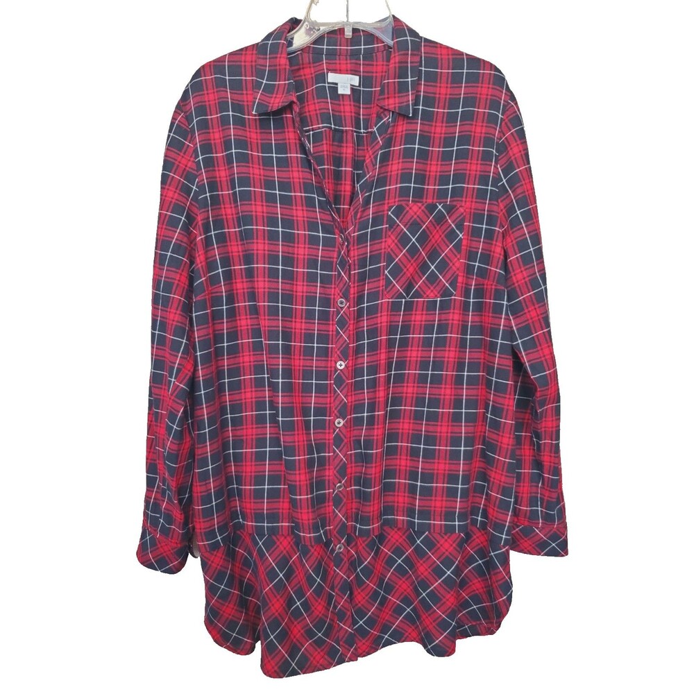 J. Jill Cotton Red Plaid Peplum Hem Long Sleeve Button-Up Tunic Size XL